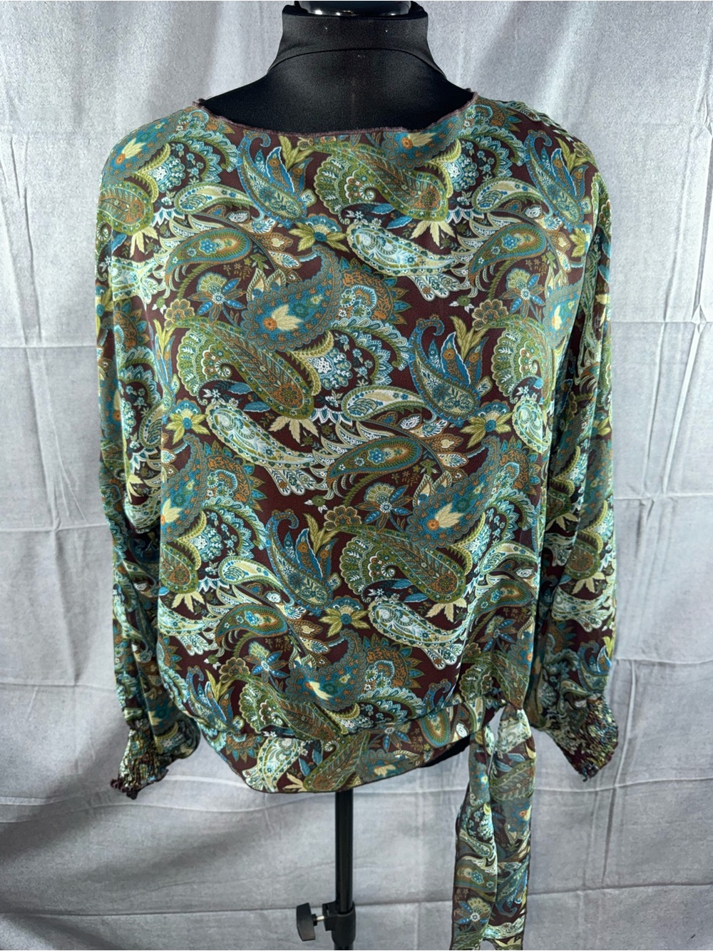 2840-Yves St. Clair Vintage Paisley Tie-Waist Tunic - Brown, Green, Blue